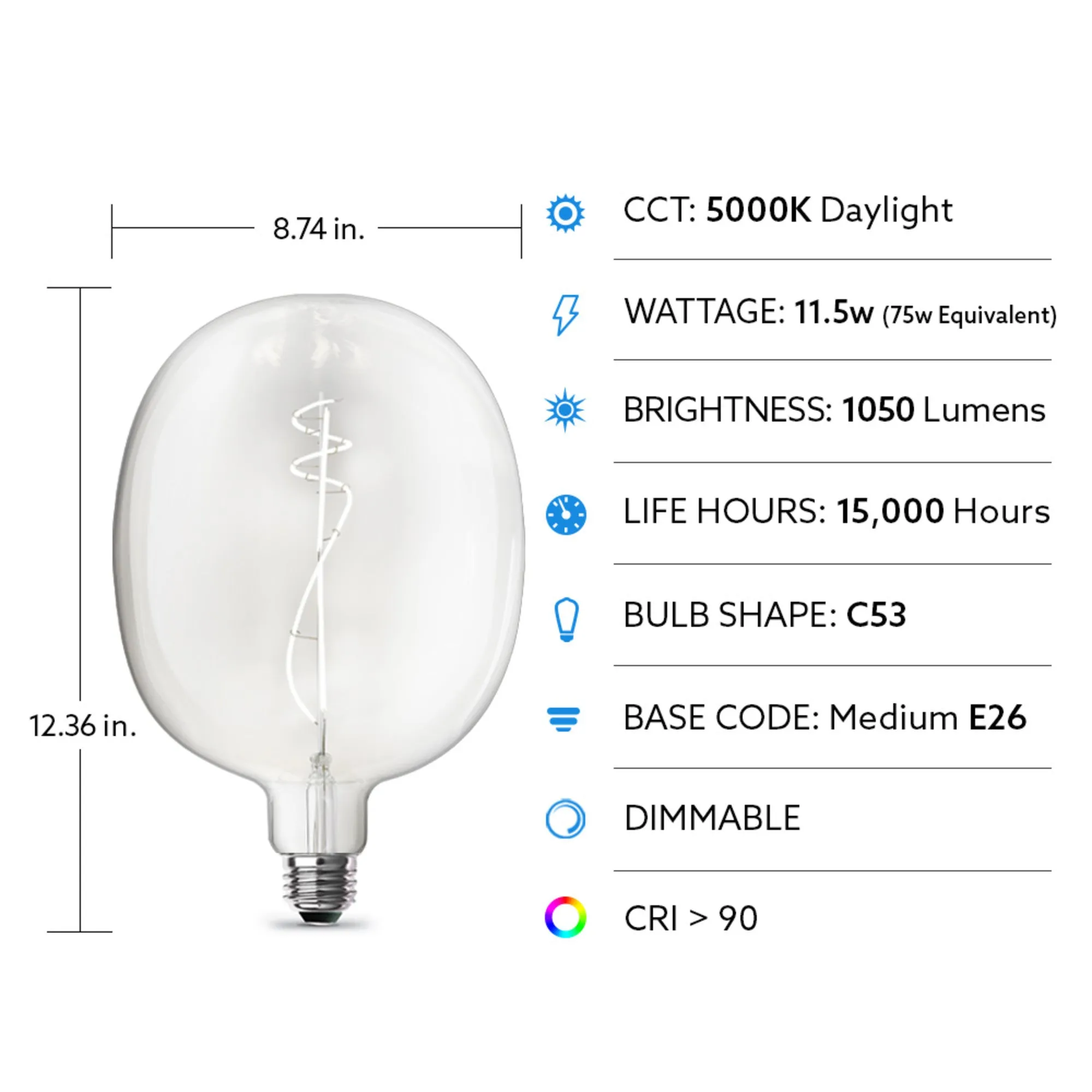 11.5W (75W Replacement) C53 E26 Dimmable Curved Filament Clear Glass Vintage Edison LED Light Bulb, Daylight