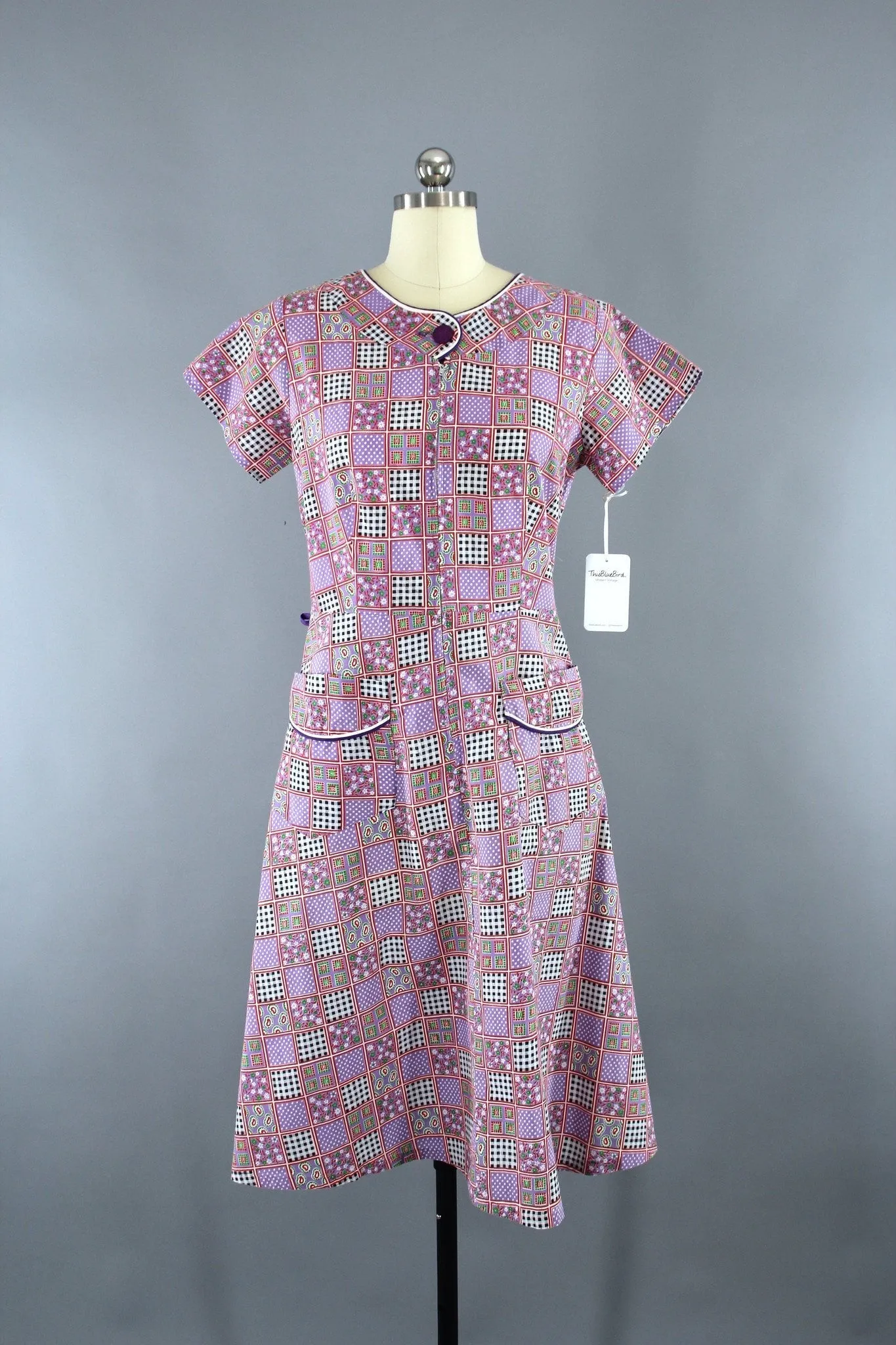 1950s Vintage Novelty Print Checkered Cotton Dress