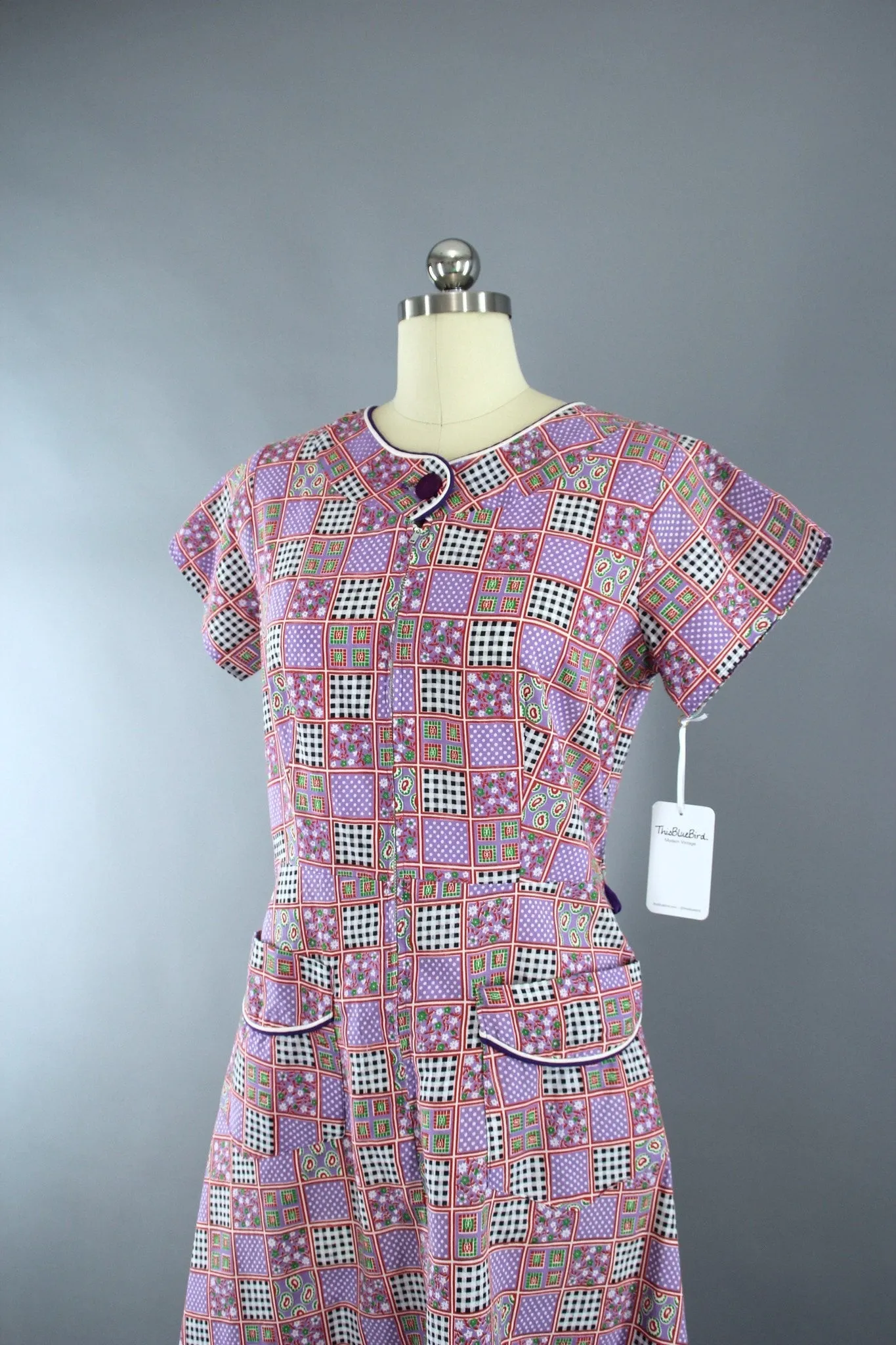 1950s Vintage Novelty Print Checkered Cotton Dress