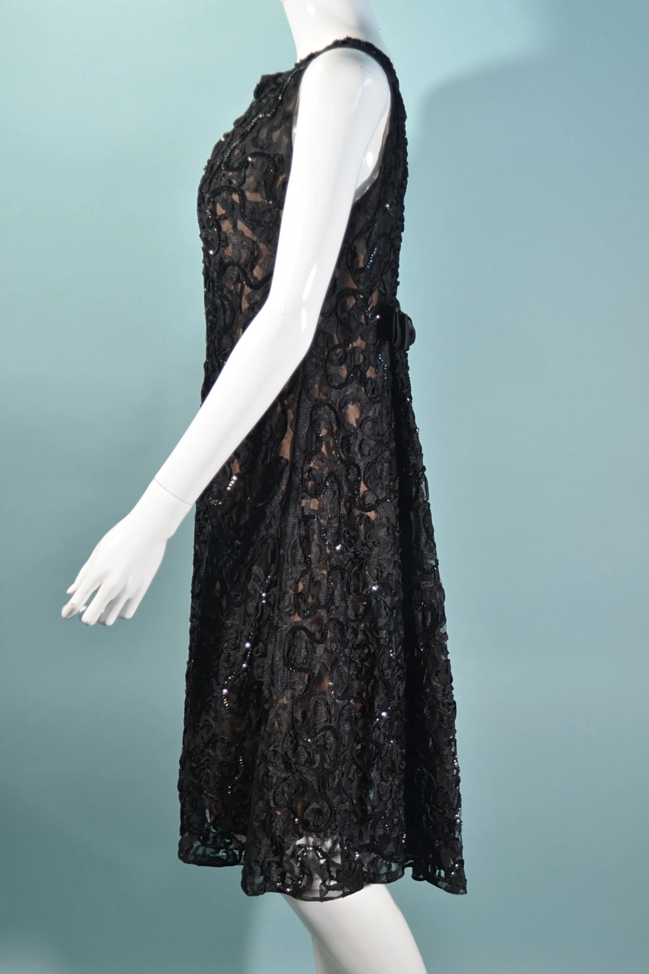 1960s Black Lace Sequin Dress, Soutache Ribbon Deep V Back Cocktail Dress