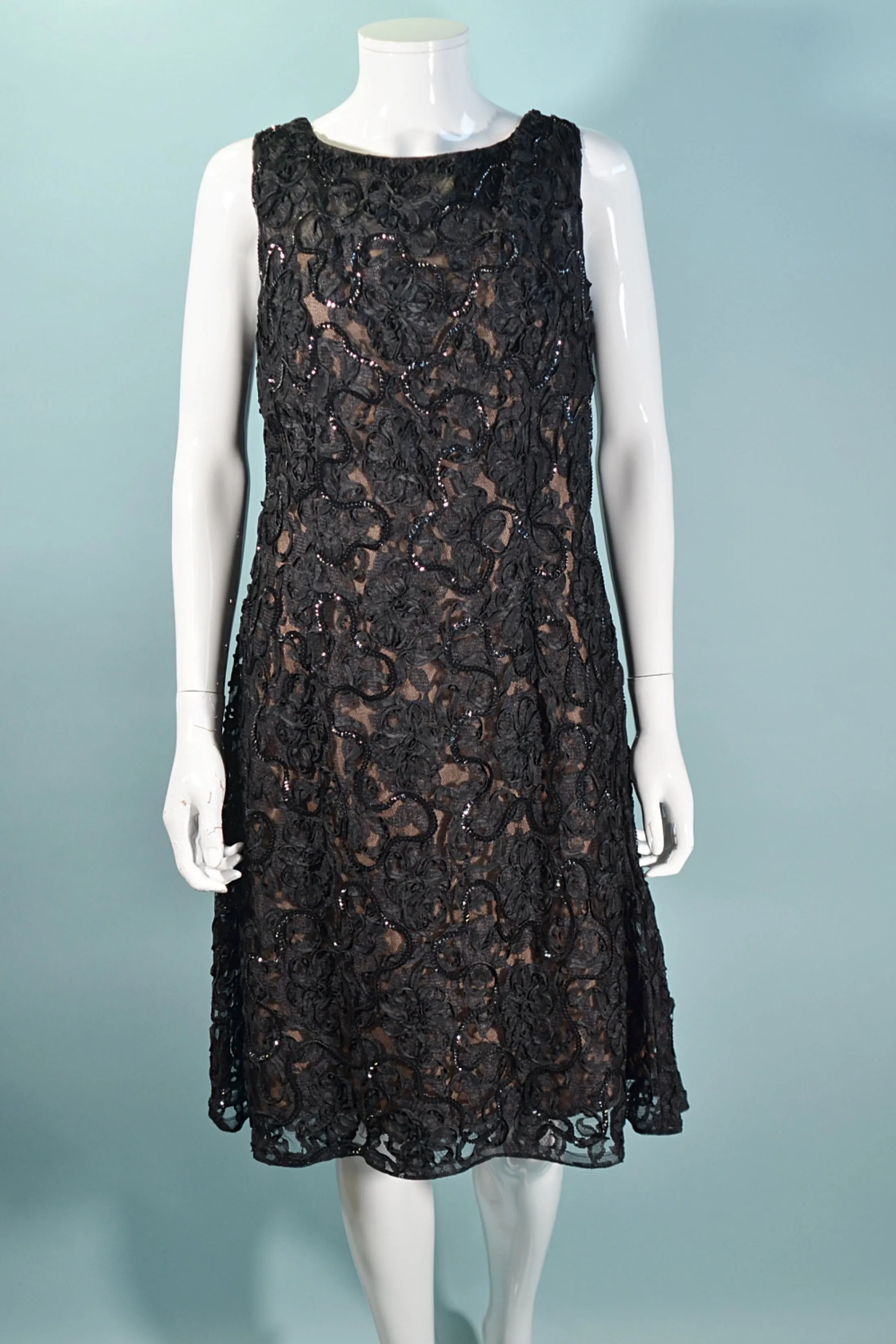 1960s Black Lace Sequin Dress, Soutache Ribbon Deep V Back Cocktail Dress