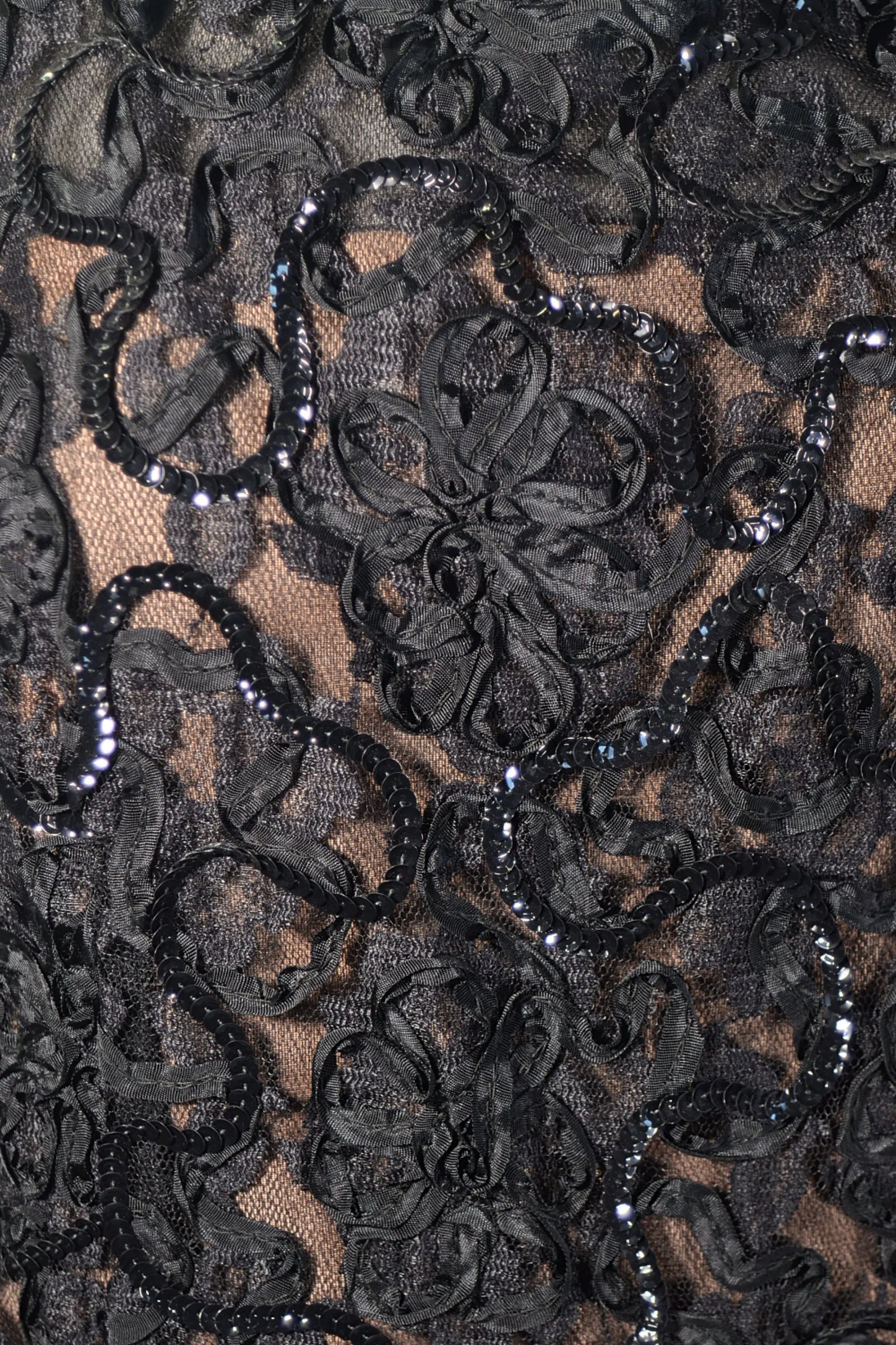 1960s Black Lace Sequin Dress, Soutache Ribbon Deep V Back Cocktail Dress