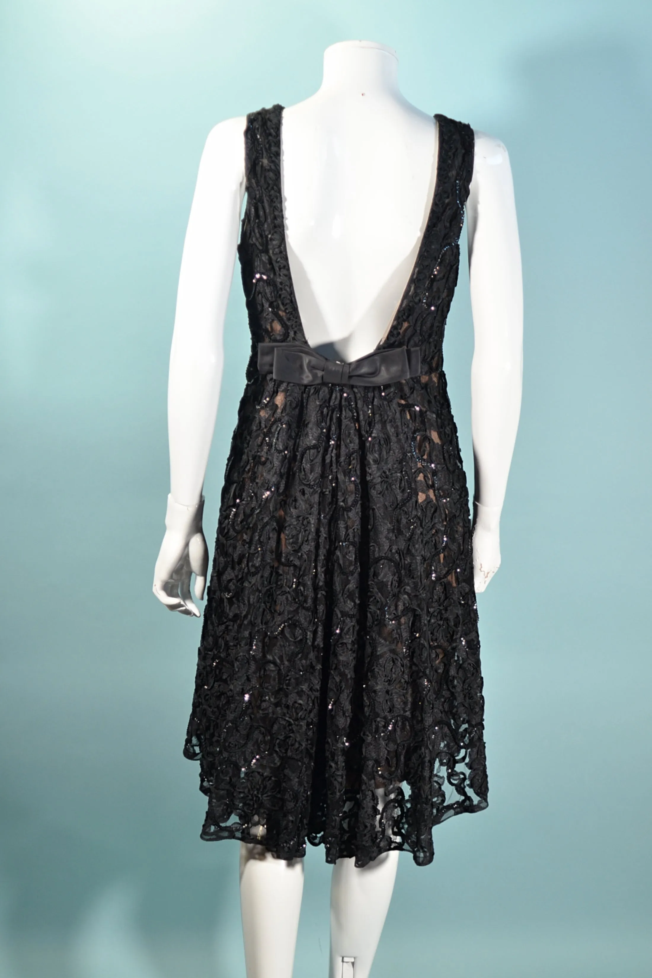 1960s Black Lace Sequin Dress, Soutache Ribbon Deep V Back Cocktail Dress