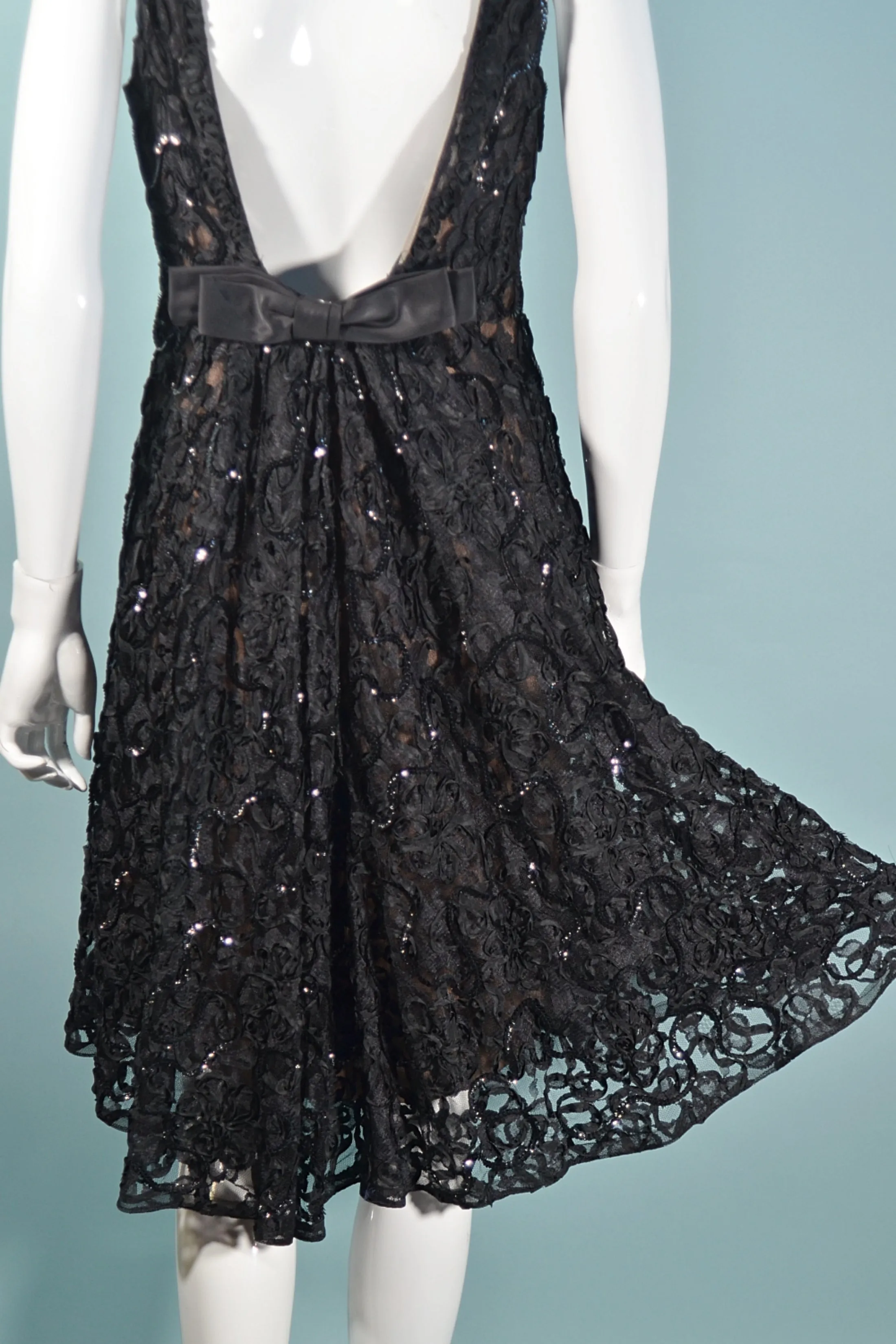 1960s Black Lace Sequin Dress, Soutache Ribbon Deep V Back Cocktail Dress