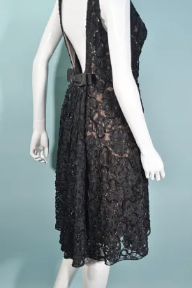 1960s Black Lace Sequin Dress, Soutache Ribbon Deep V Back Cocktail Dress