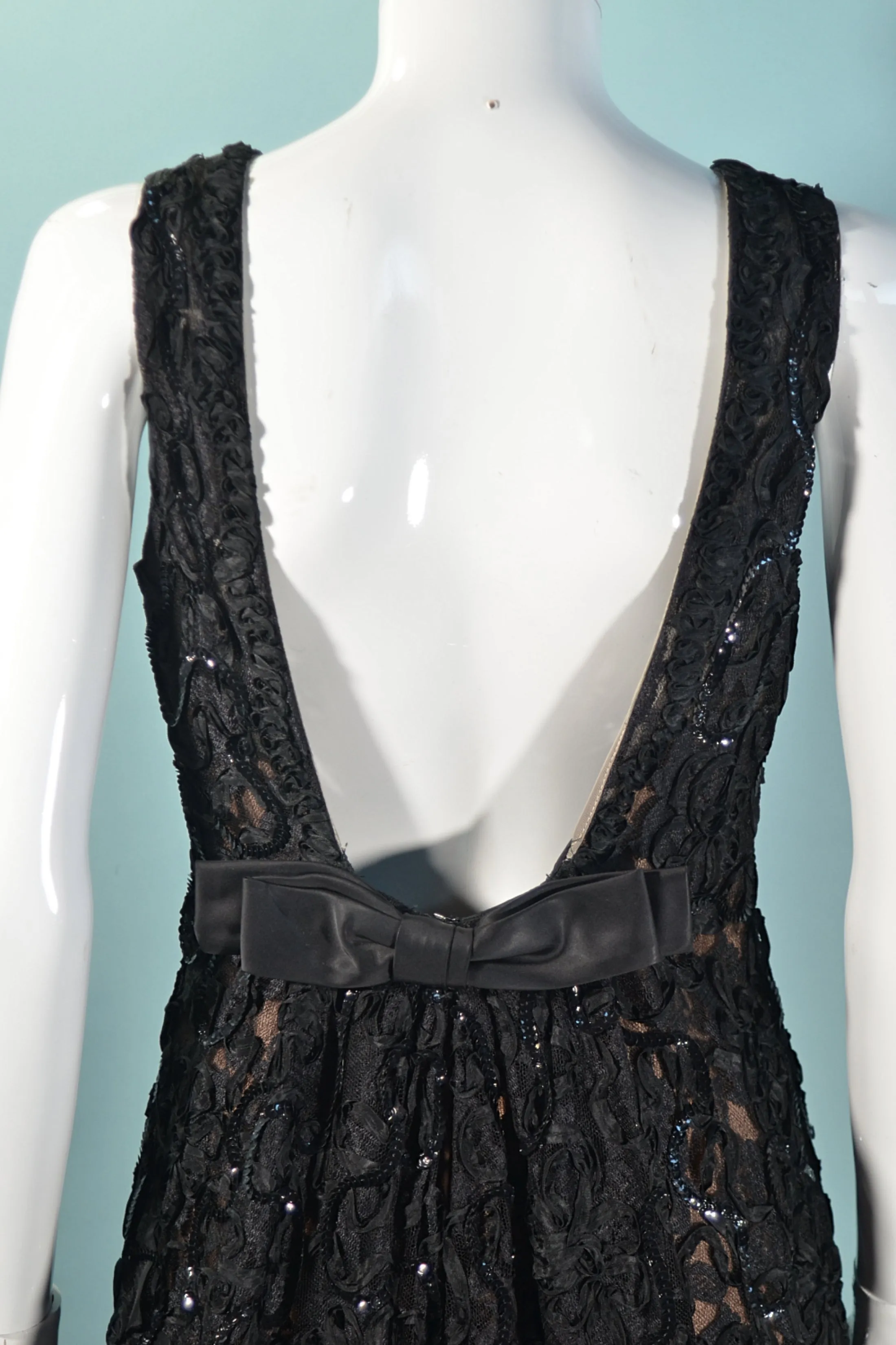 1960s Black Lace Sequin Dress, Soutache Ribbon Deep V Back Cocktail Dress