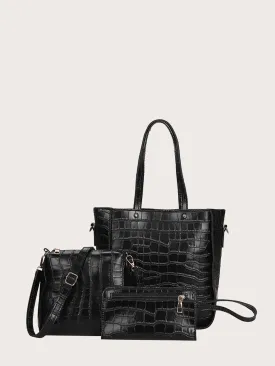 3pcs Croc Embossed Tote Bag Set