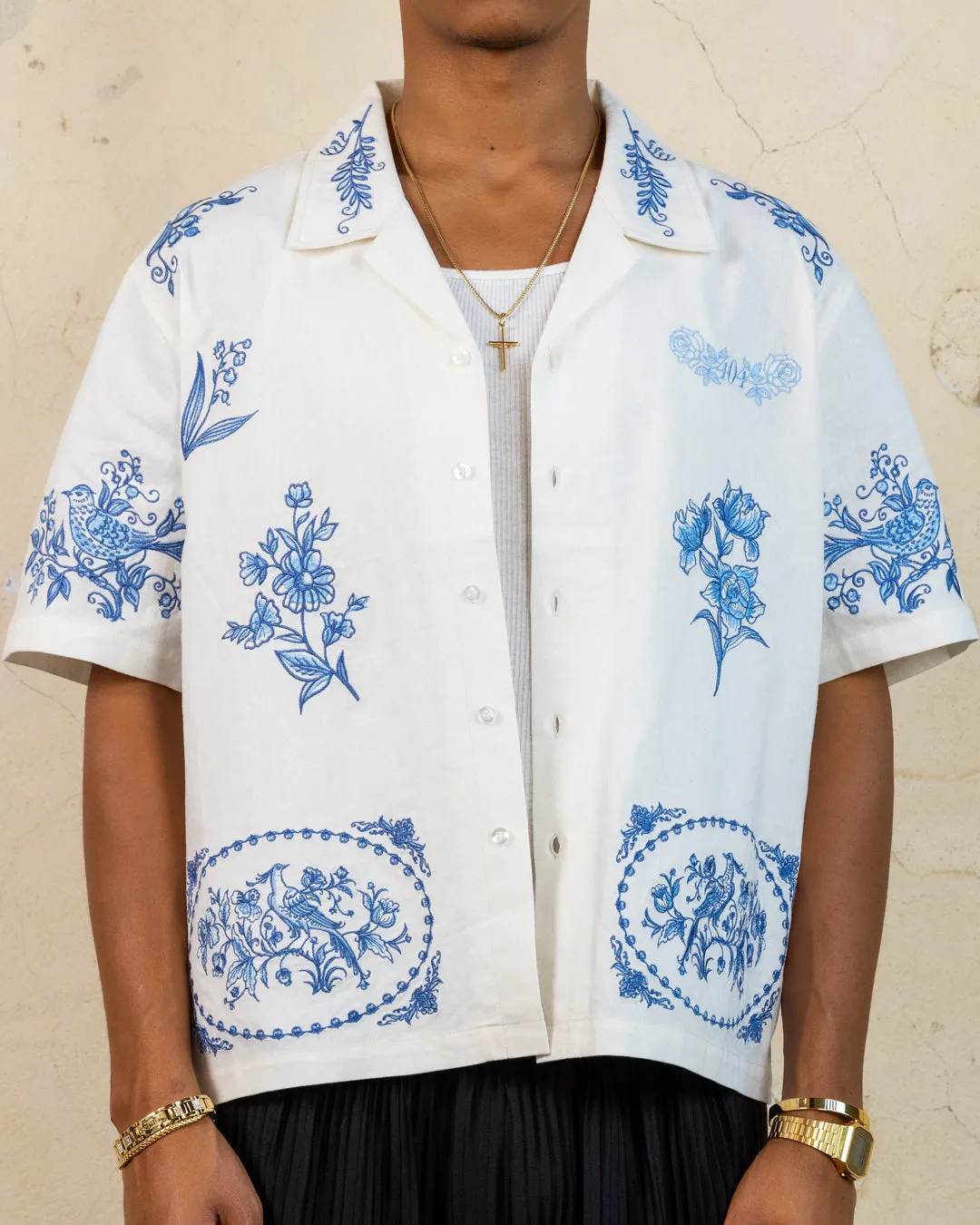 404 Ceramic Embroidered Button Up T-Shirt Ecru