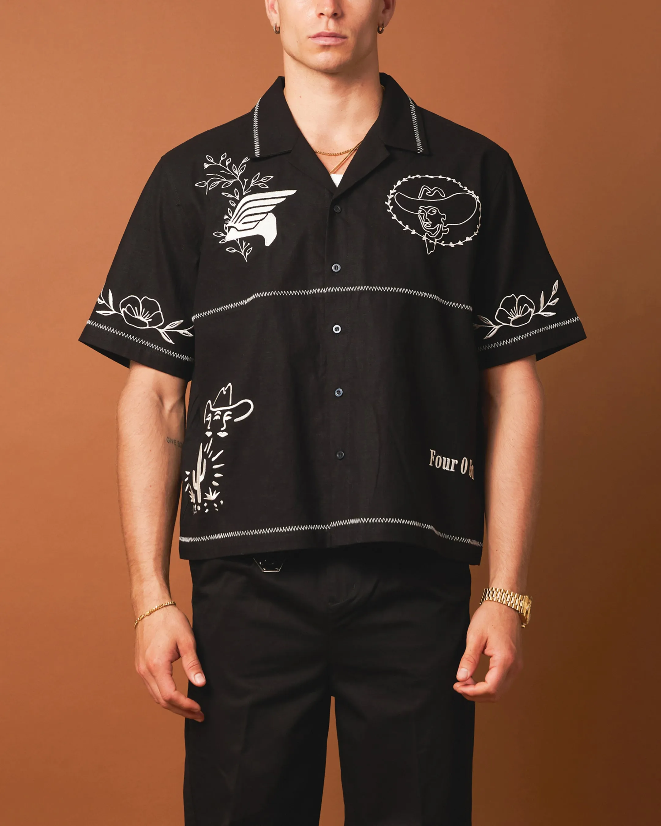 404 Frontier Embroidered Button Up Shirt Black