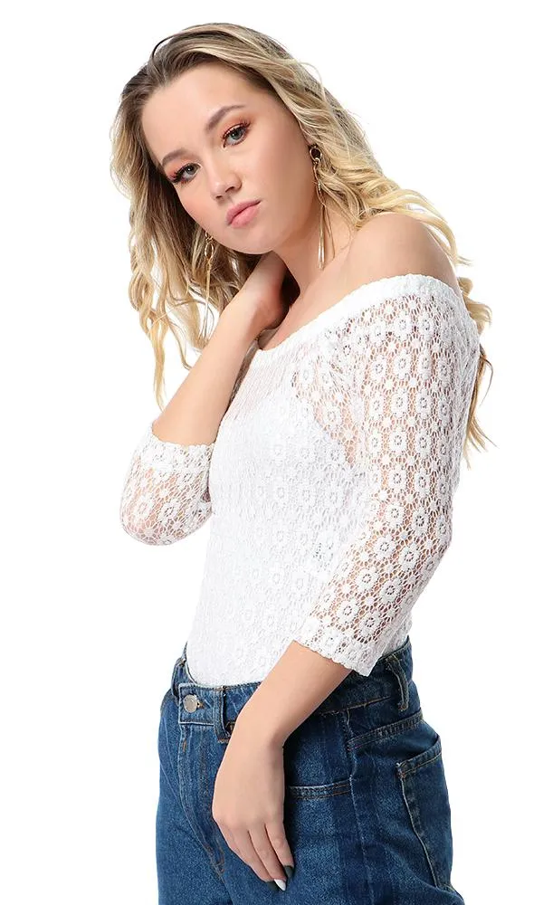 53428 Off-Shoulders Lace Long Sleeves White Bodysuit