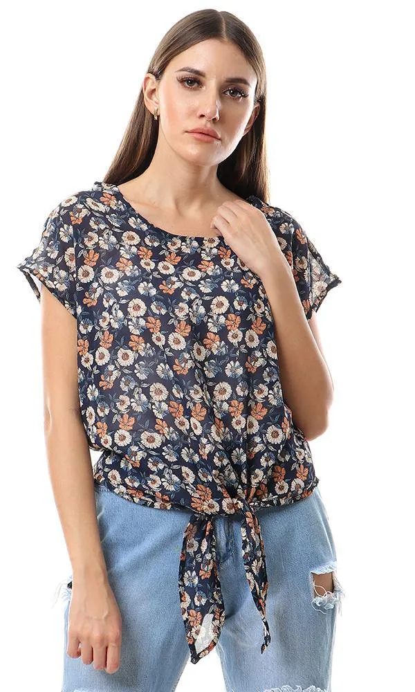 56938 Buttoned Shoulders Chiffon Blouse - Navy Blue & Orange