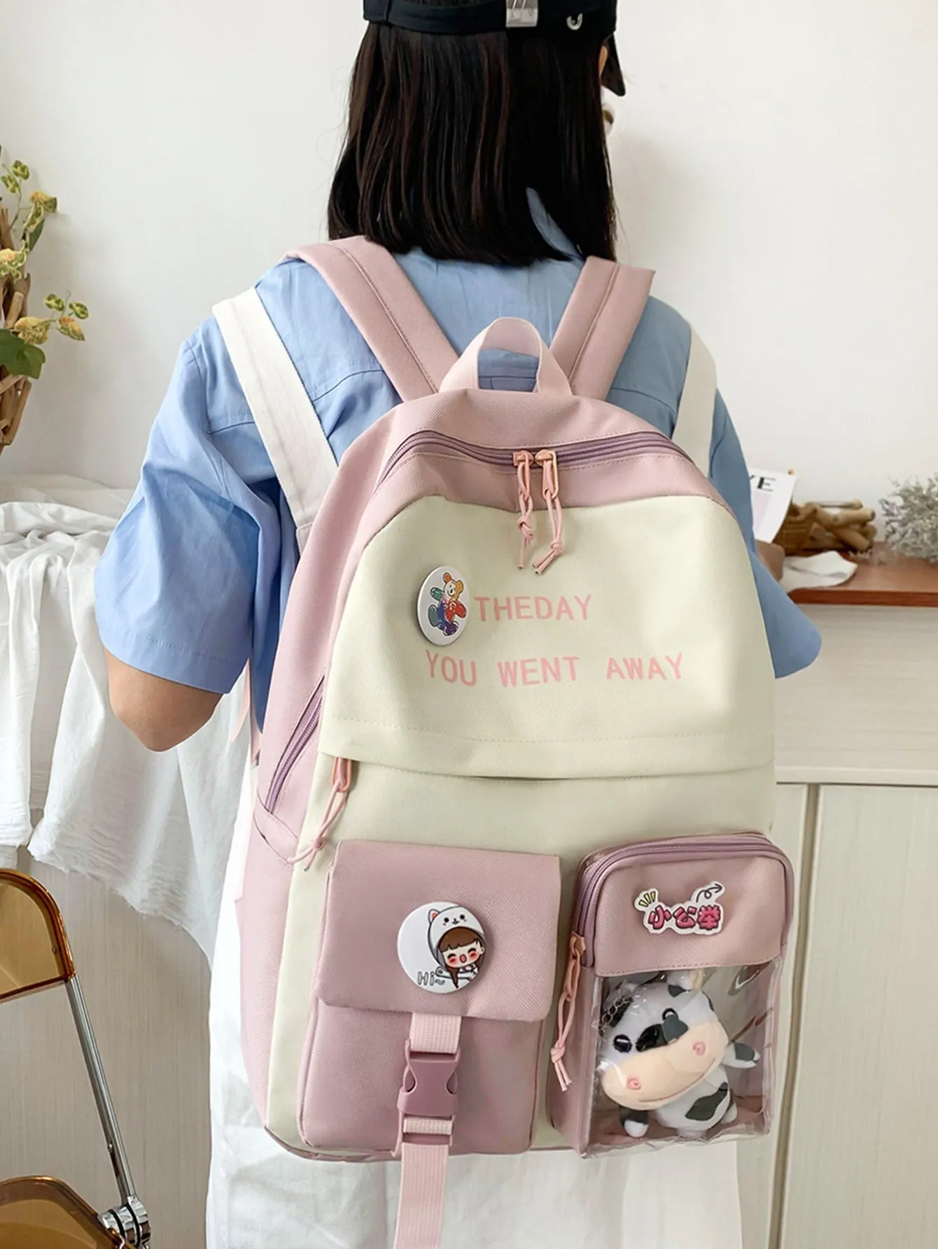 5pcs Color Block Pocket Front Backpack Set