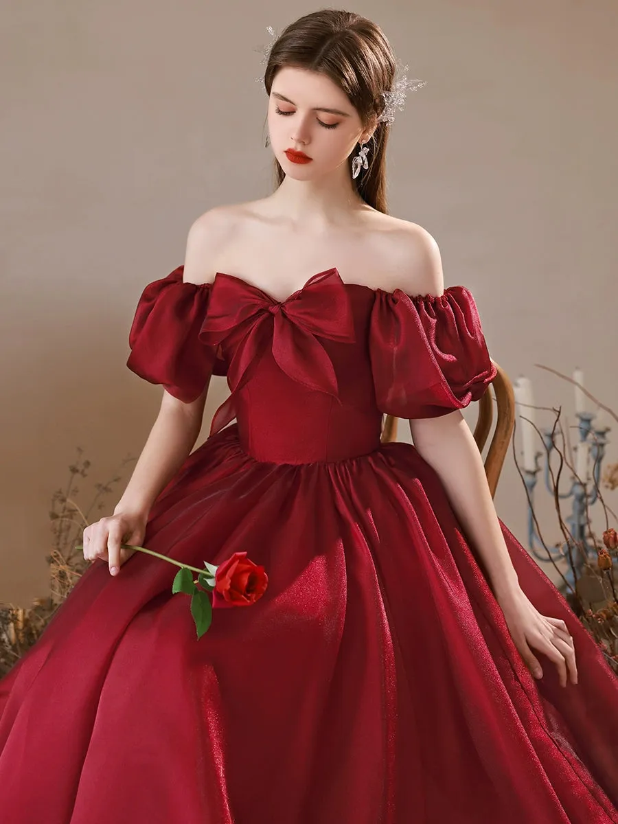 A-Line Burgundy Tulle Long Prom Dress, Burgundy Formal Dress