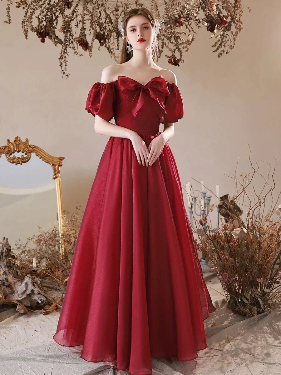 A-Line Burgundy Tulle Long Prom Dress, Burgundy Formal Dress