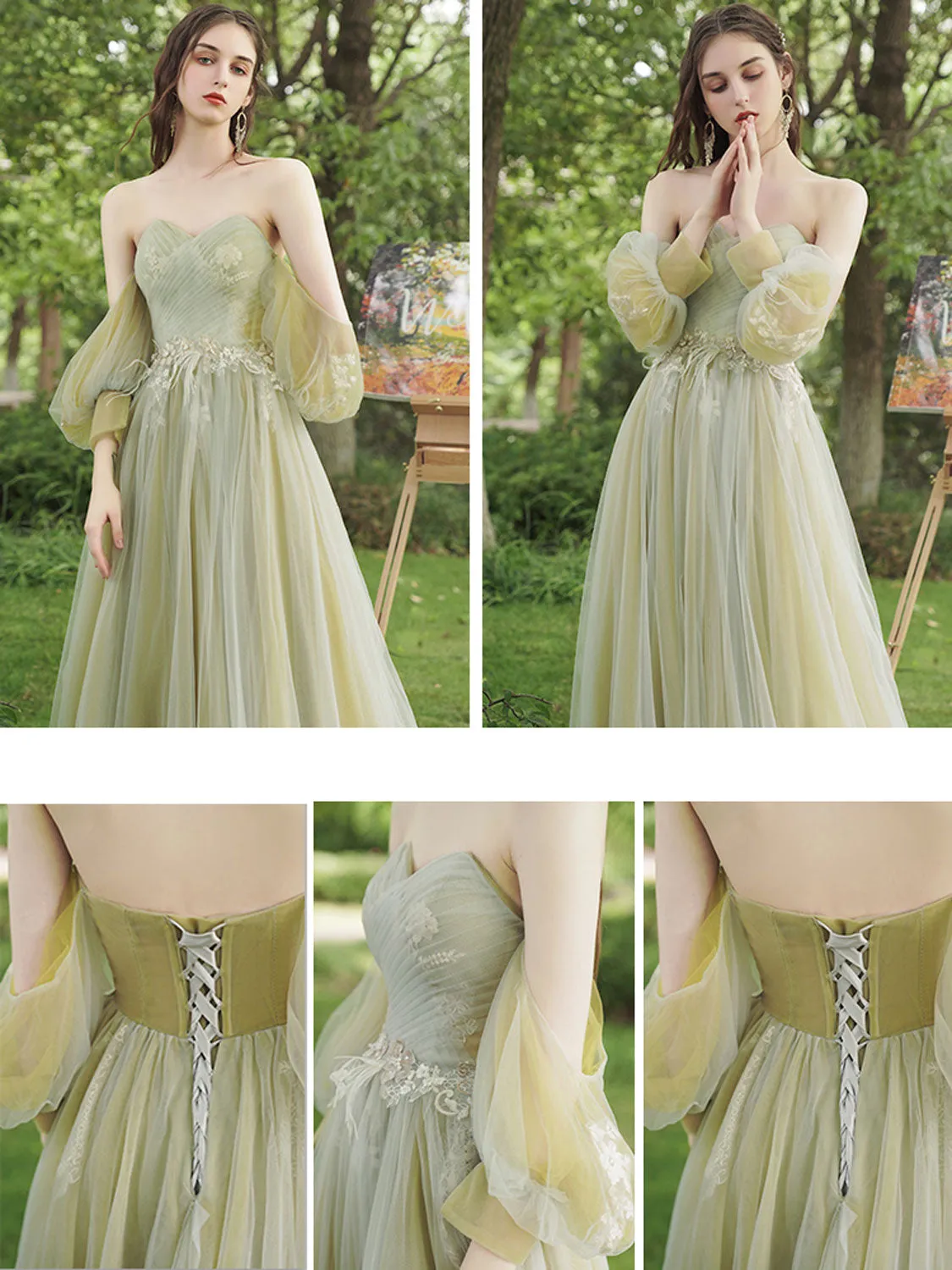 A-Line Green Tulle Lace Long Prom Dress, Green Lace Formal Dress