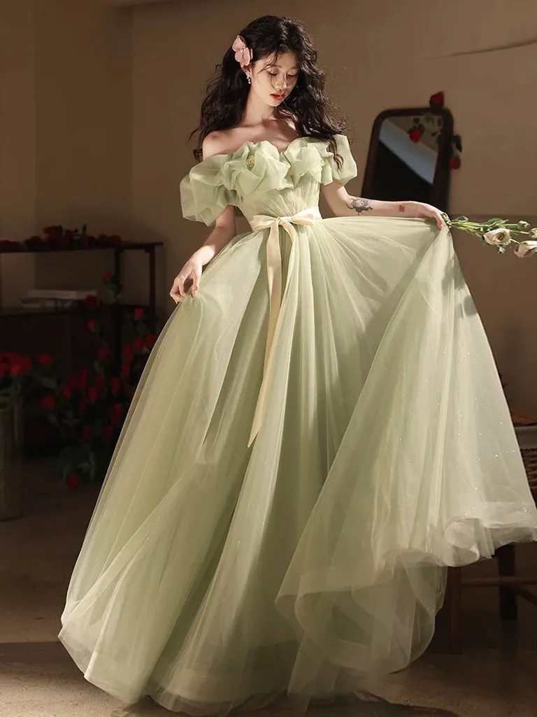 A-Line Off Shoulder Tulle Green Long Prom Dress, Green Long Formal Dress