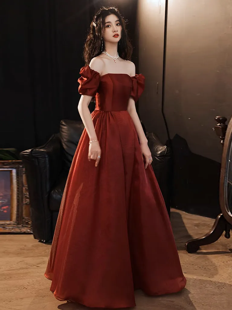 A-Line Puff Sleeves Organza Burgundy Long Prom Dress, Burgundy Long Evening Dress