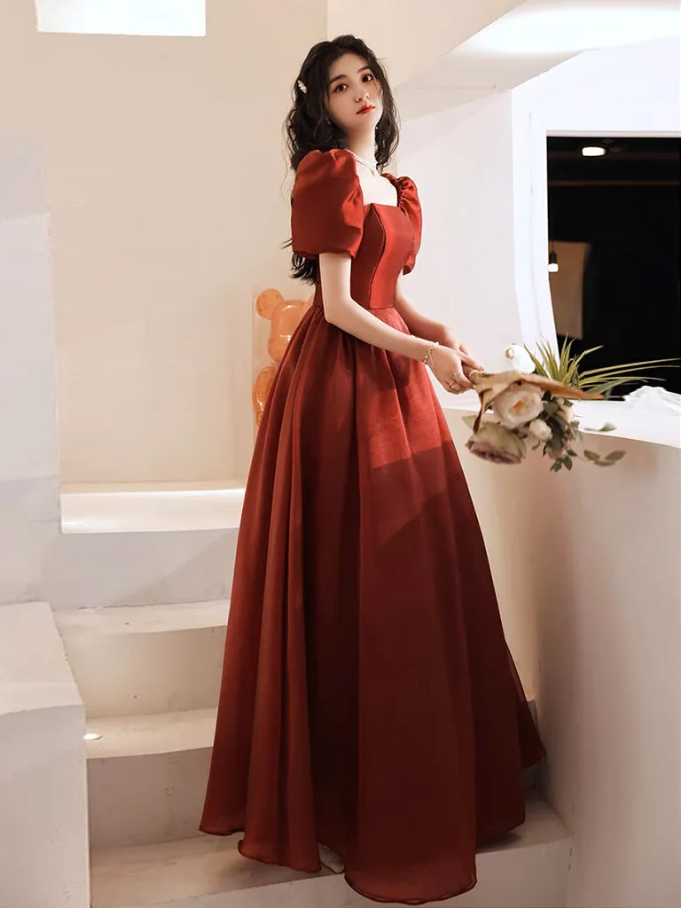 A-Line Puff Sleeves Organza Burgundy Long Prom Dress, Burgundy Long Evening Dress