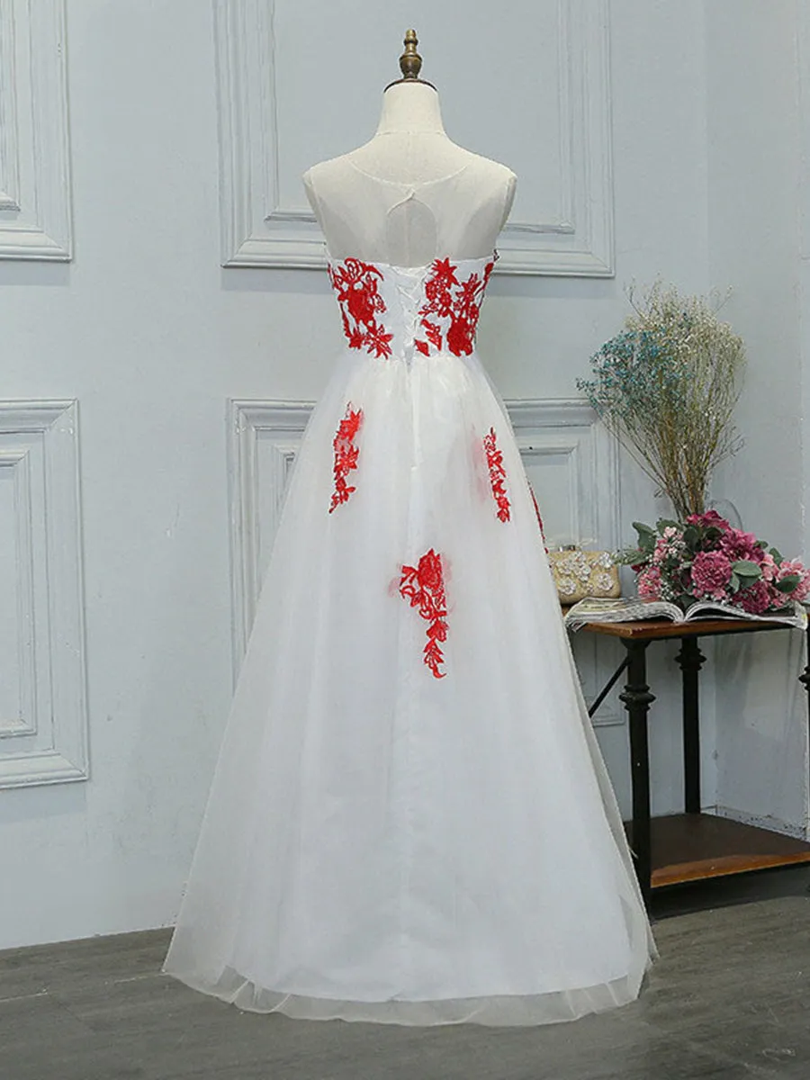 A Line Round Neck Red Lace Appliques White Prom Dresses, Lace White Formal Dresses, Lace Appliques White Graduation Dresses