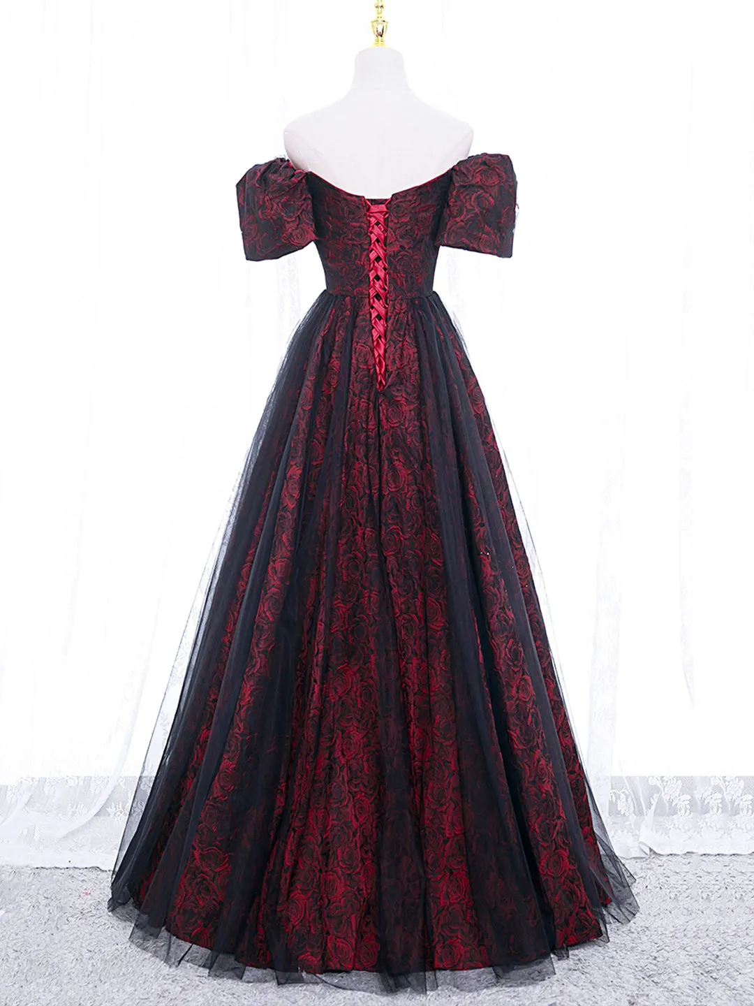 A-Line Tulle Lace Burgundy Long Prom Dress, Burgundy Long Formal Dress