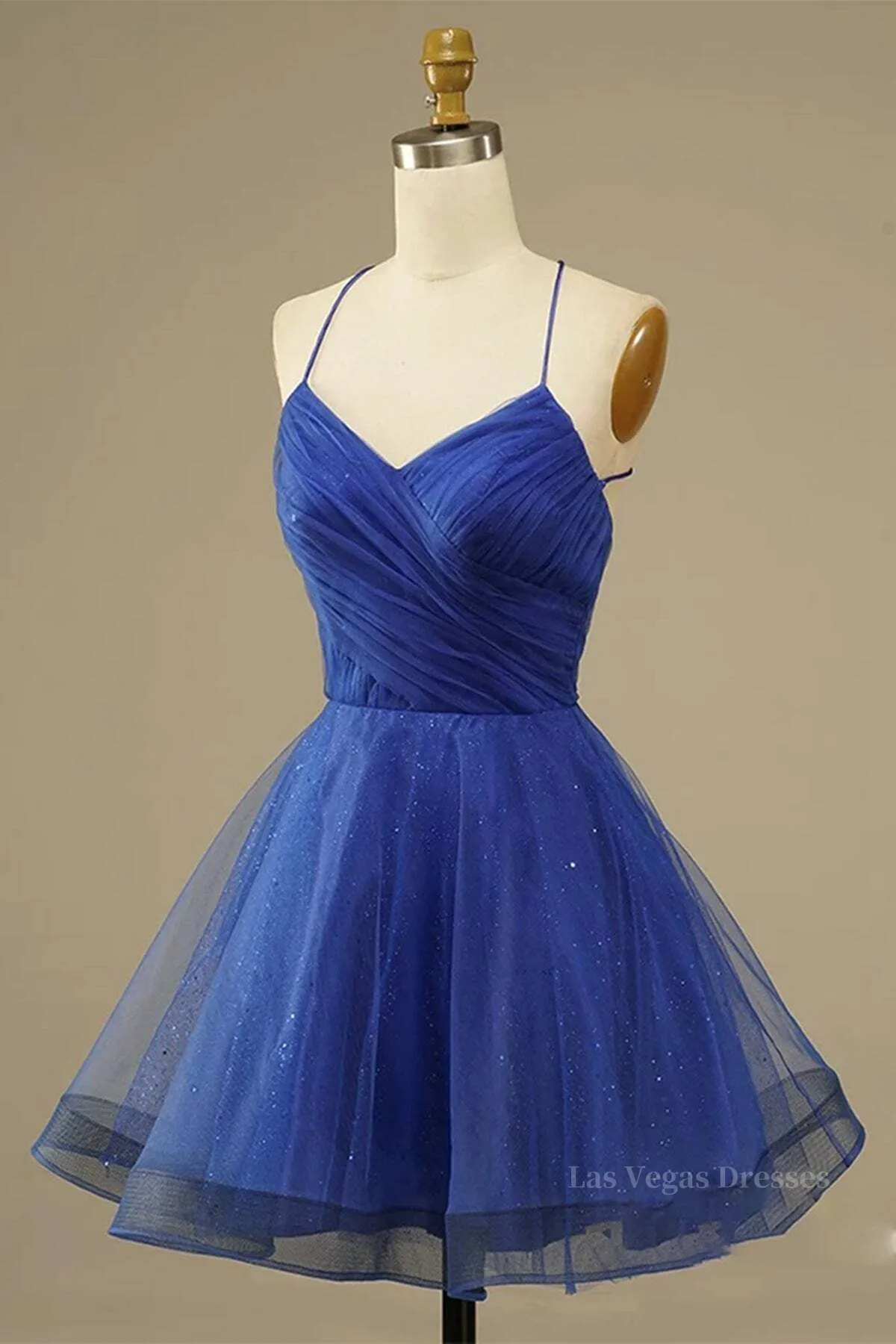 A Line V Neck Backless Blue Tulle Prom Dress, Backless Blue Homecoming Dress, Short Blue Formal Evening Dress