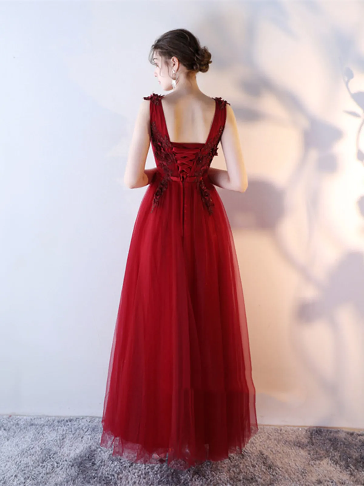 A Line V Neck Lace Burgundy Prom Dress, Burgundy Lace Prom Gown, Lace Evening Dress