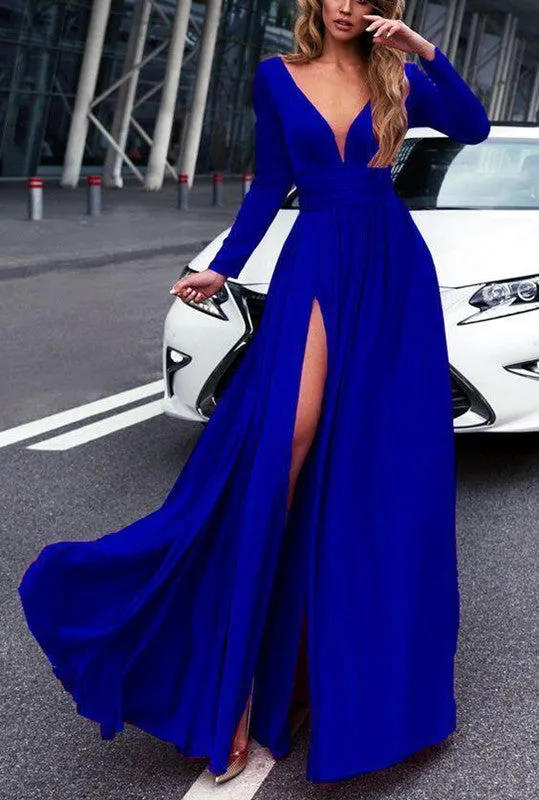 A Line V Neck Long Sleeves Green/Black/Royal Blue Long Prom Dresses, Formal Dresses With Sleeves