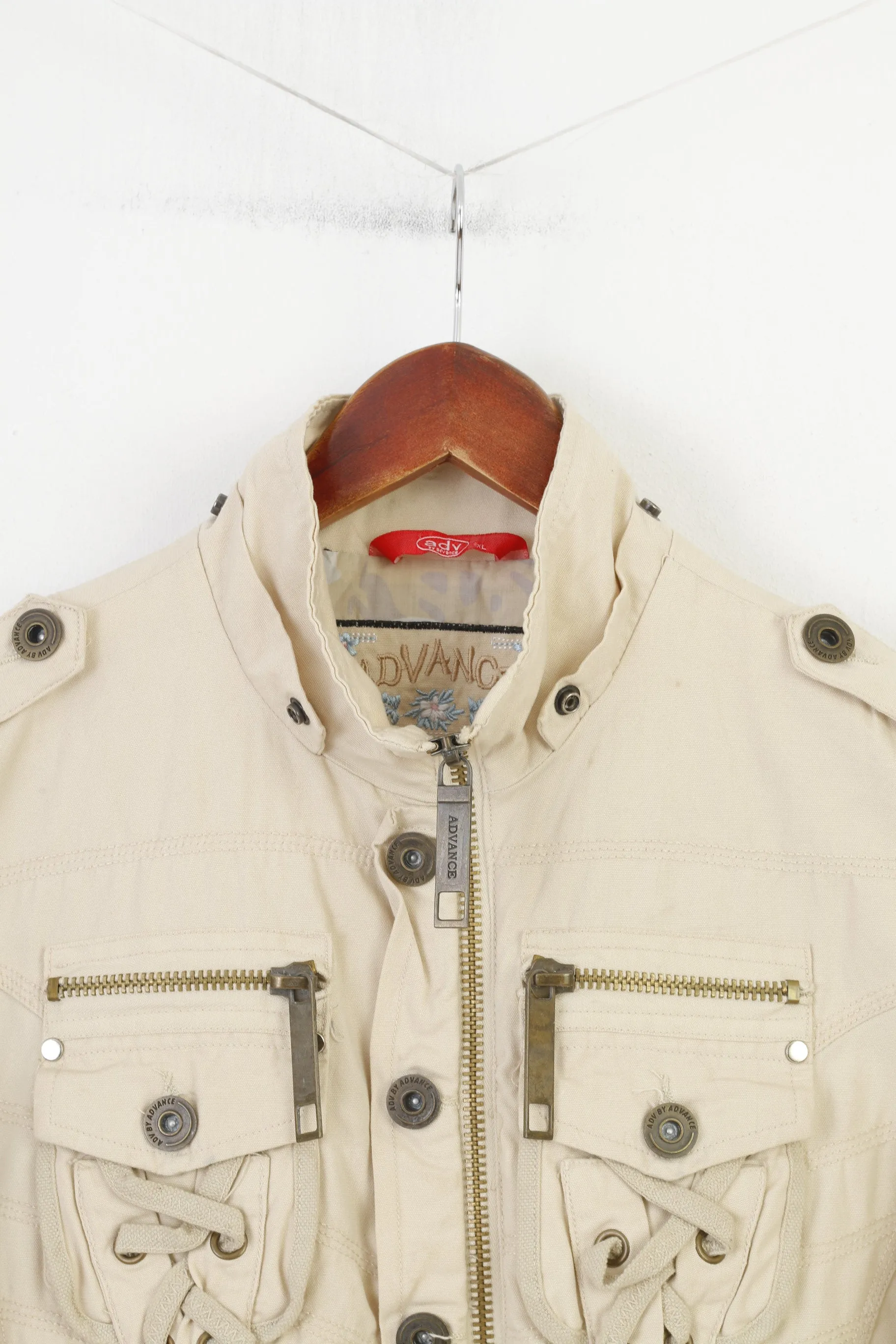 ADV by Advance Women XL M Jacket Beige Cotton Detailed  Full Zipper Laces Vintage Top