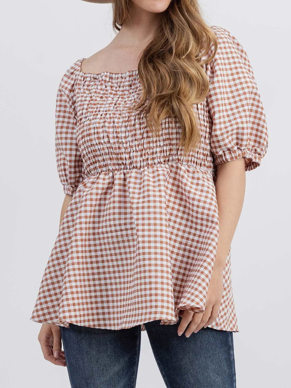 American Bling Plus Size Women Gingham Check Fabric Short Puff Sleeve Top