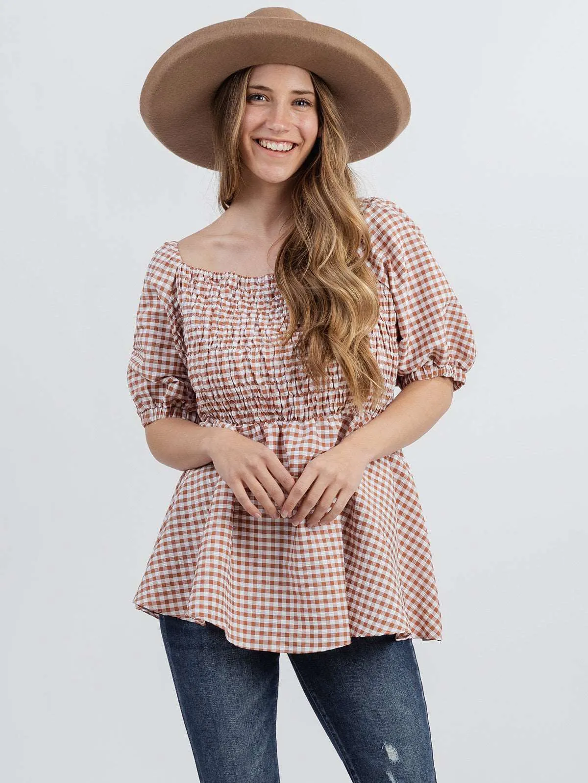 American Bling Plus Size Women Gingham Check Fabric Short Puff Sleeve Top