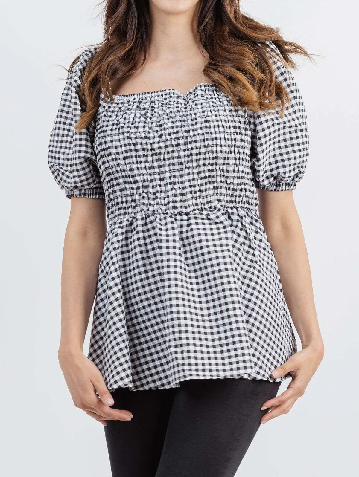 American Bling Plus Size Women Gingham Check Fabric Short Puff Sleeve Top