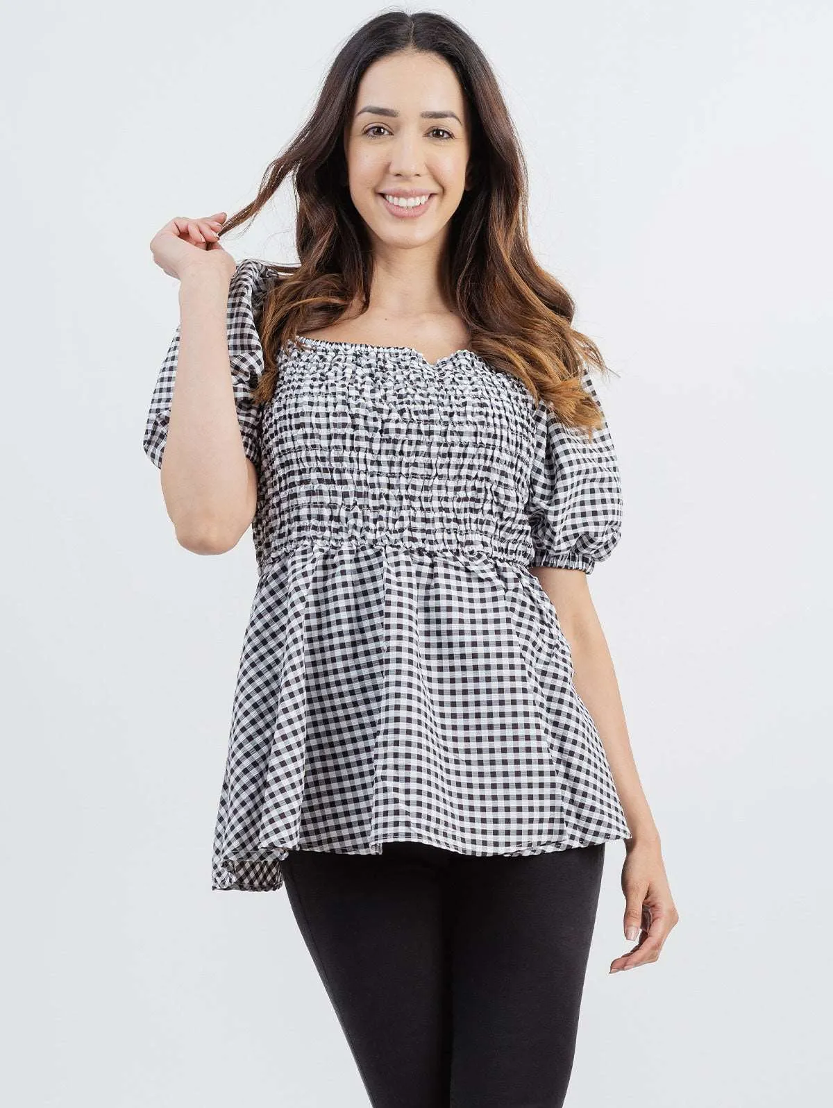 American Bling Plus Size Women Gingham Check Fabric Short Puff Sleeve Top