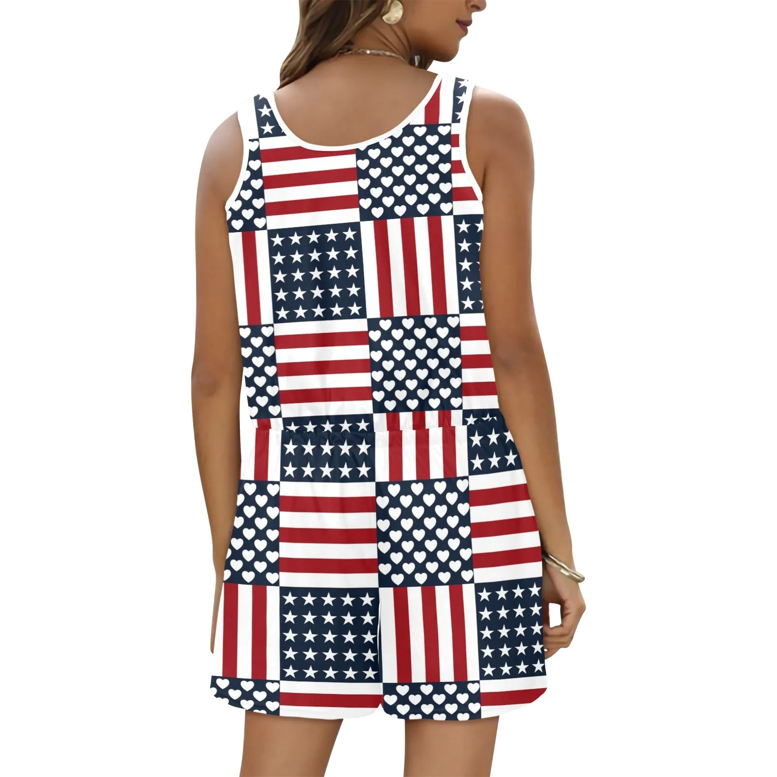 americana love rwb print All Over Print Vest Short Jumpsuit