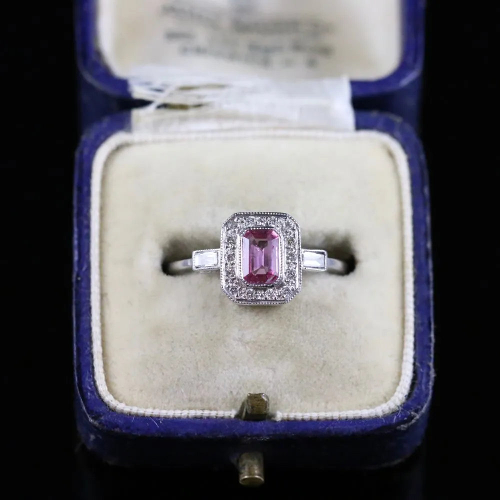 Antique Art Deco Pink Sapphire Diamond Ring 18Ct White Gold