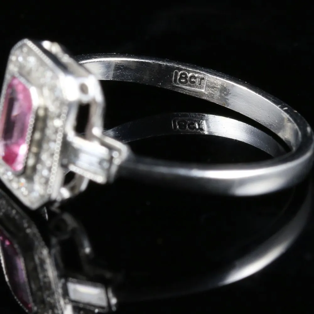 Antique Art Deco Pink Sapphire Diamond Ring 18Ct White Gold