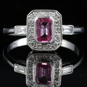 Antique Art Deco Pink Sapphire Diamond Ring 18Ct White Gold