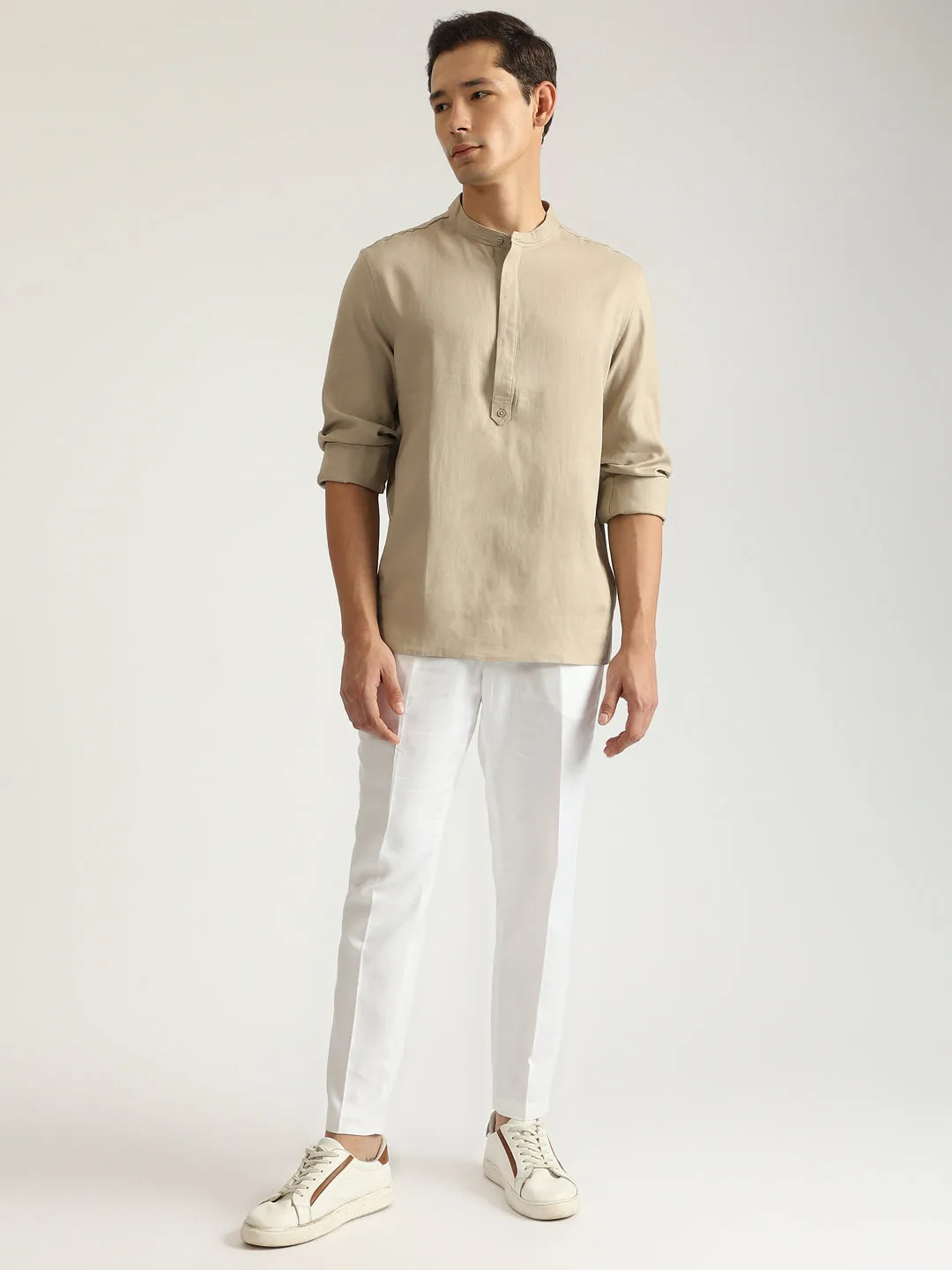 Antony Morato Men Beige Solid Band Collar Full Sleeves Shirt