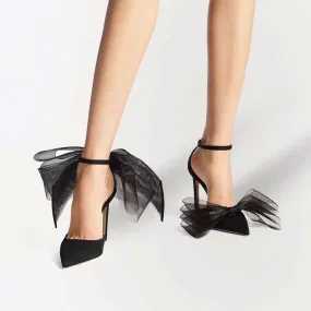 Asymmetric Bow Detail Pointed Toe Ankle Strap Stiletto Pumps - Black