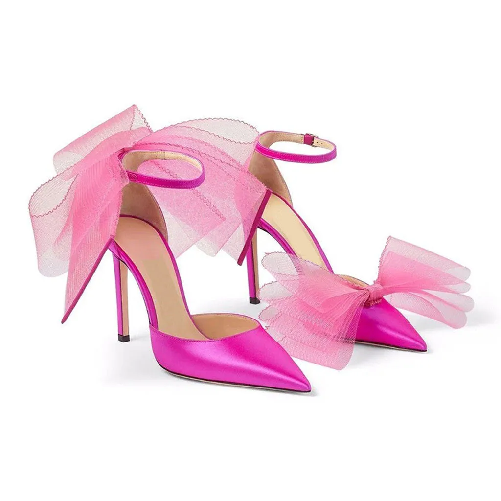 Asymmetric Bow Detail Pointed Toe Ankle Strap Stiletto Pumps - Fuchsia