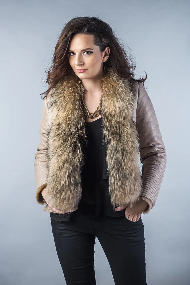 Beige Merino Shearling Jacket with Racoon Fur Collar