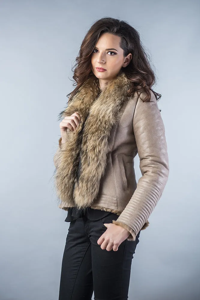 Beige Merino Shearling Jacket with Racoon Fur Collar