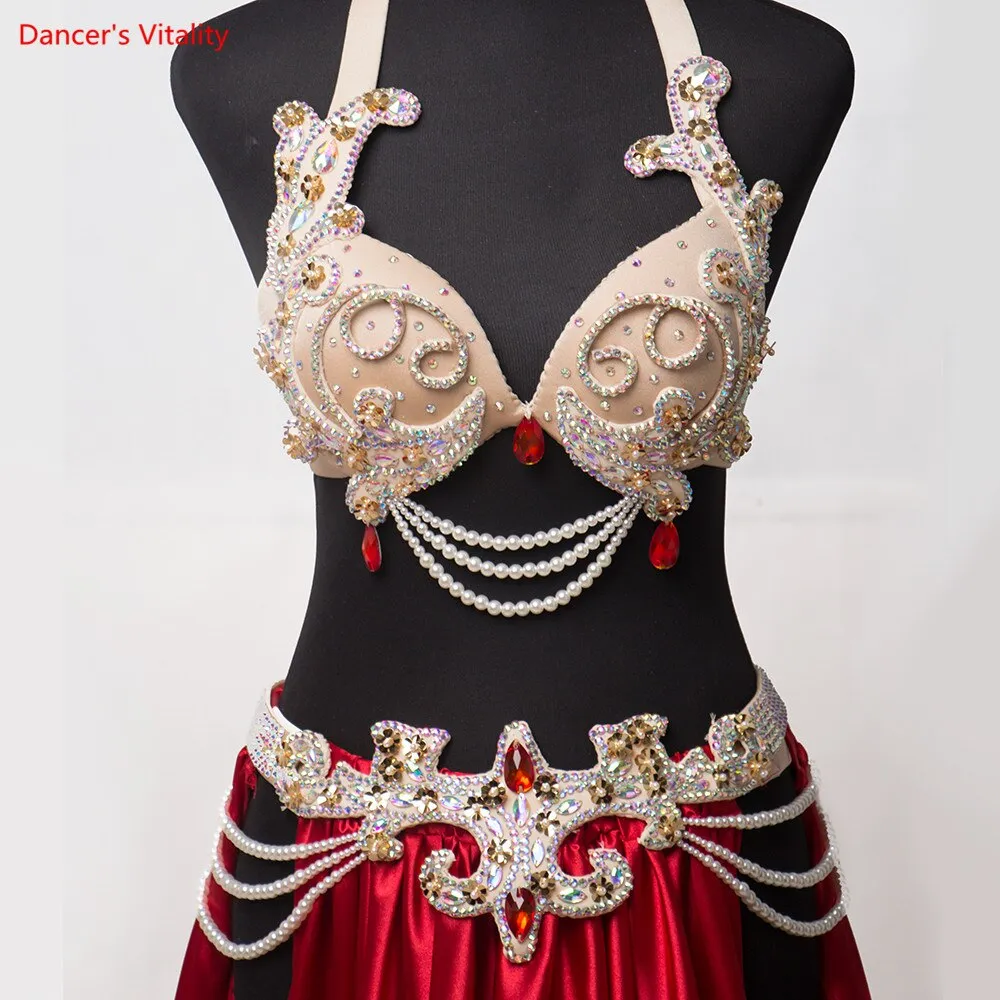 Belly Dance Competiton Costume Suit for Women Custuomized Bra belt satin Long Skirt 3pcs Oriental Belly Dancing Stage Wear