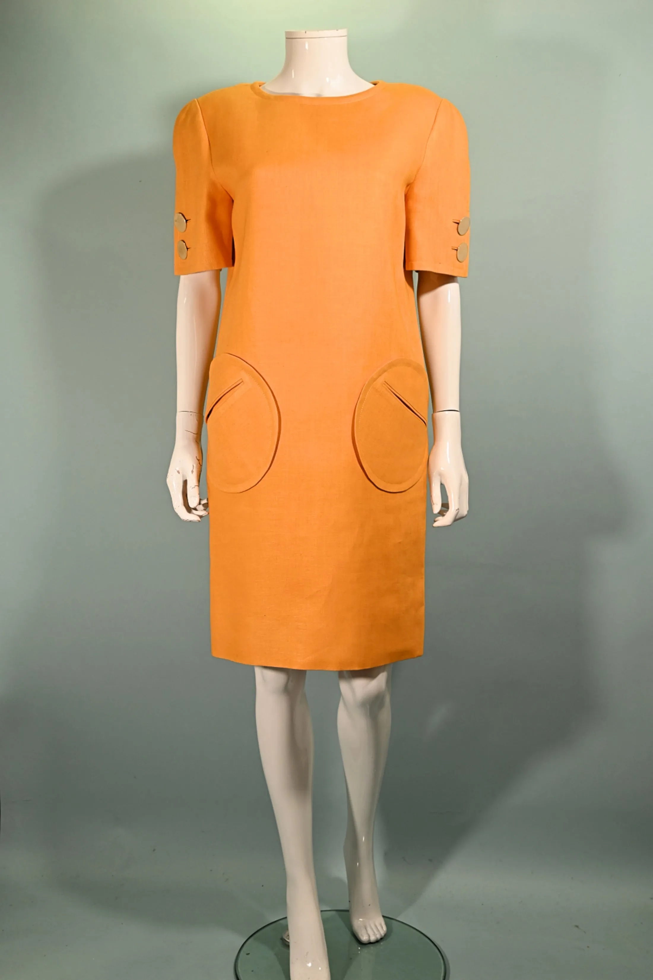 Bill Blass 1970s Linen Dress, Yellow Shift Dress Round Pockets 10