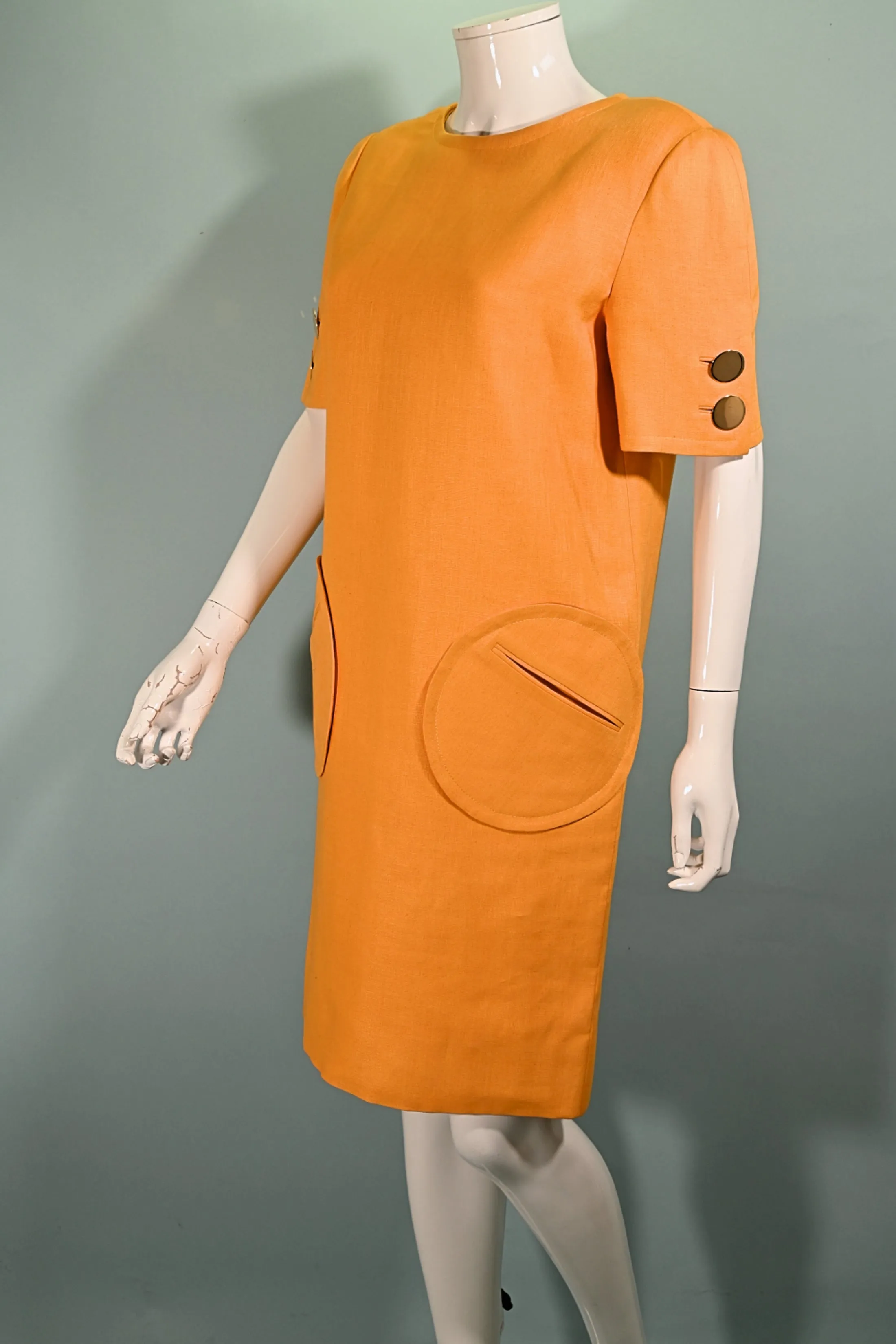 Bill Blass 1970s Linen Dress, Yellow Shift Dress Round Pockets 10