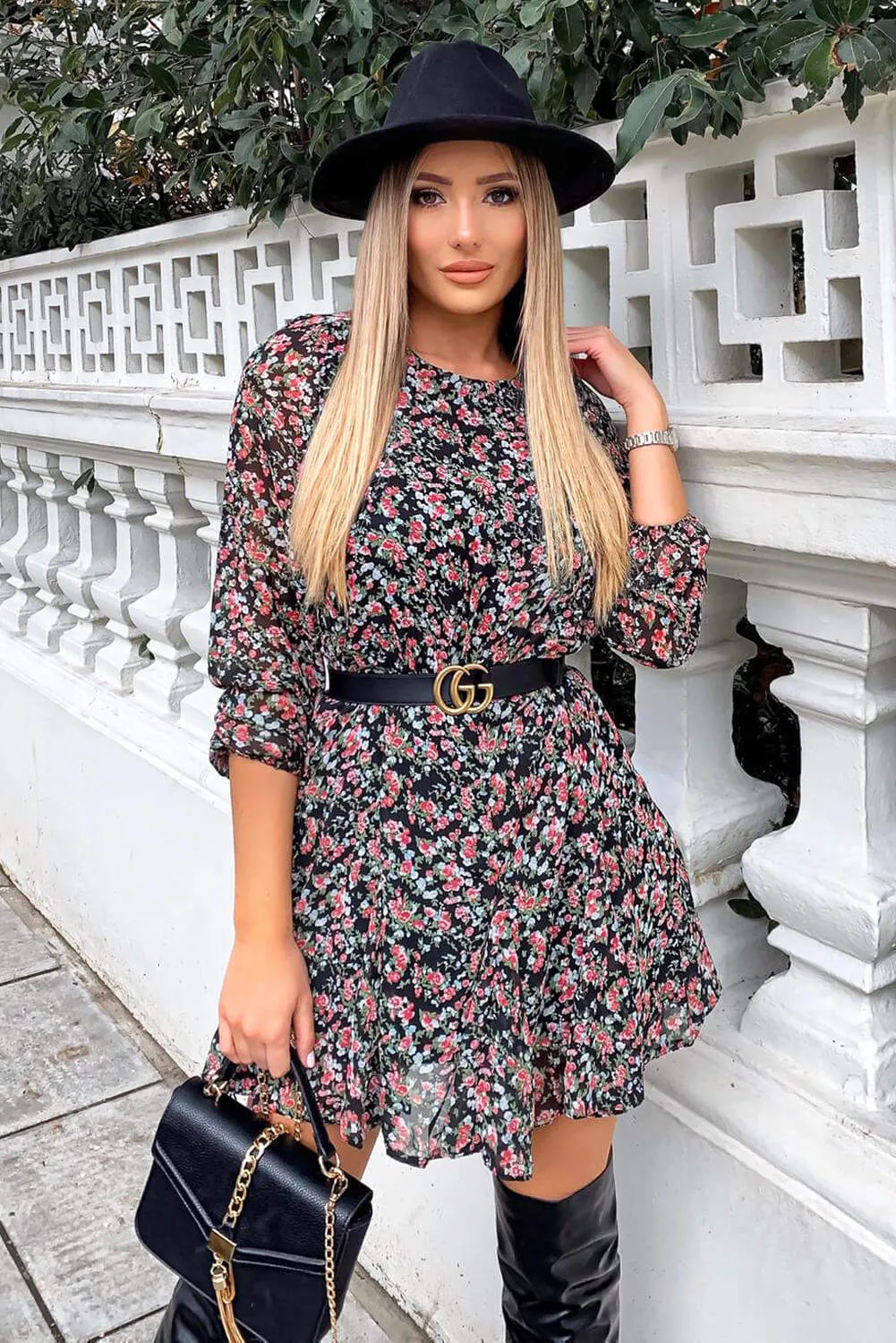 Black Chiffon Ditsy Floral Dress