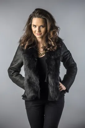 Black Lamb Nappa Leather Jacket with Merino Fur Collar