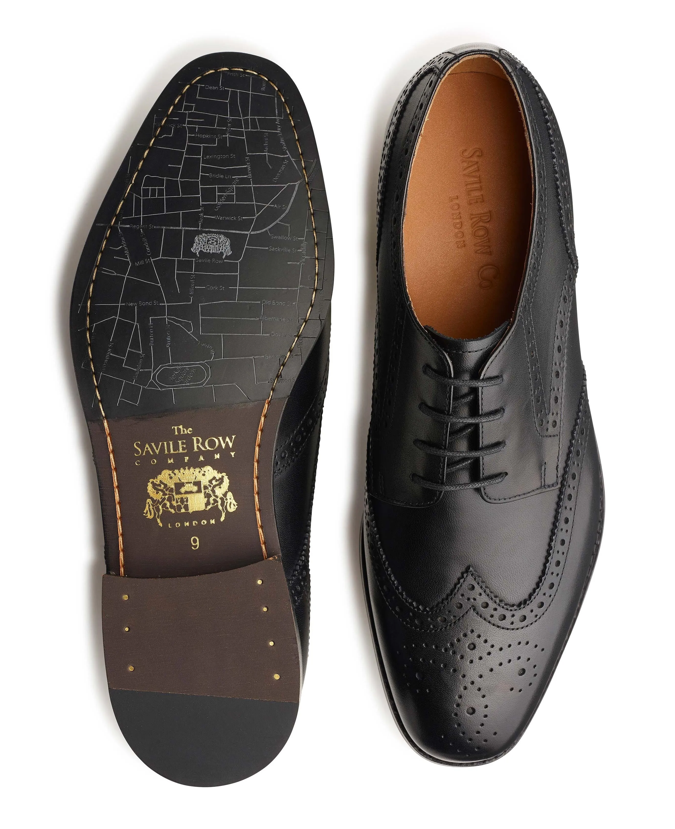 Black Leather Derby Shoes With Brogue Detailing