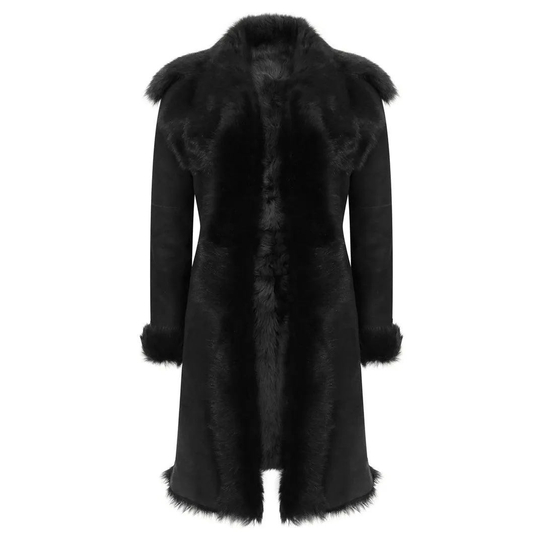 Black Luxury 3/4 Length Ladies Suede Real Toscana Sheepskin Coat Tailored Fit