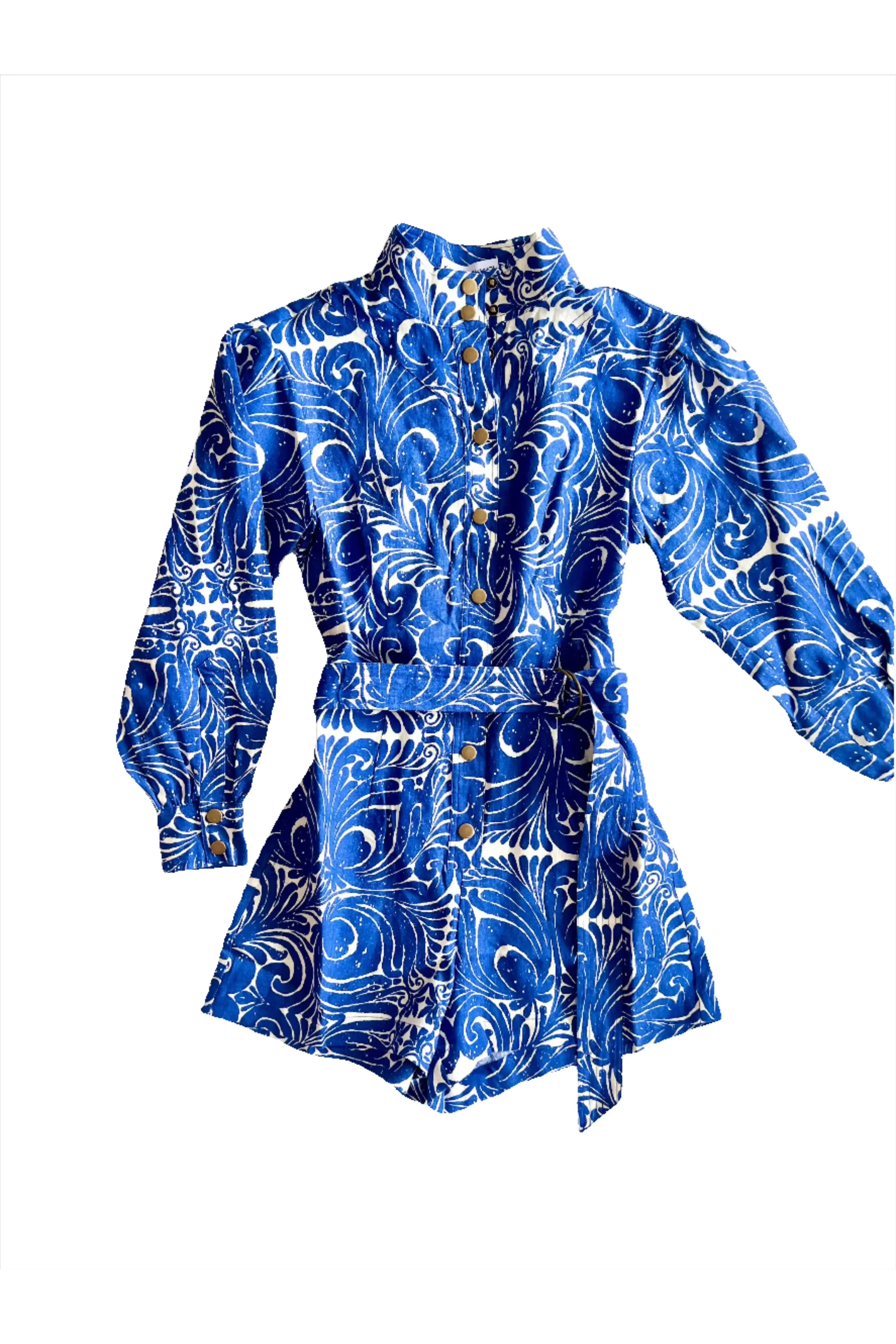 Blue Azulejo Linen Sarawati Print Romper