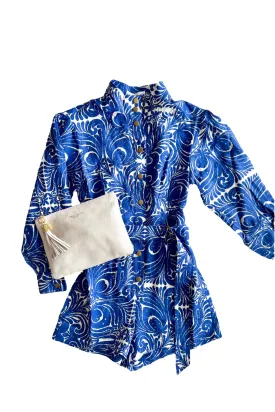 Blue Azulejo Linen Sarawati Print Romper